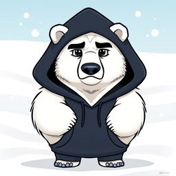 A stylized polar bear character wearing a black hoodie, depicted with a serious expression