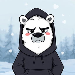 A stylized polar bear character wearing a black hoodie, depicted with a serious expression