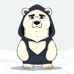 A stylized polar bear character wearing a black hoodie, depicted with a serious expression