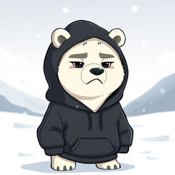 A stylized polar bear character wearing a black hoodie, depicted with a serious expression