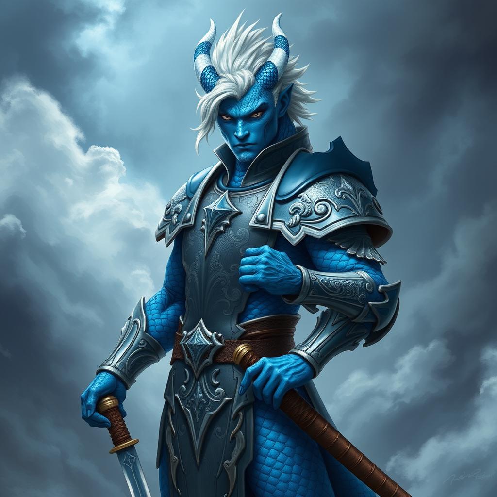 A male blue dragonborn paladin, featuring striking white hair and vibrant blue scales, presenting a strong and noble stance