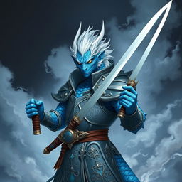 A male blue dragonborn paladin, featuring striking white hair and vibrant blue scales, presenting a strong and noble stance