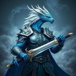 A male blue dragonborn paladin, featuring striking white hair and vibrant blue scales, presenting a strong and noble stance