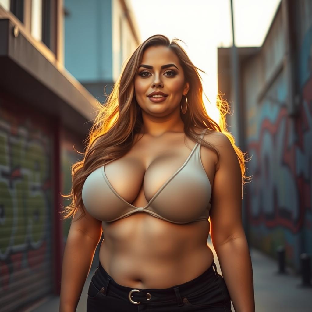 A voluptuous woman with big breasts, wearing a stylish yet revealing outfit that highlights her curves, standing confidently in an urban setting