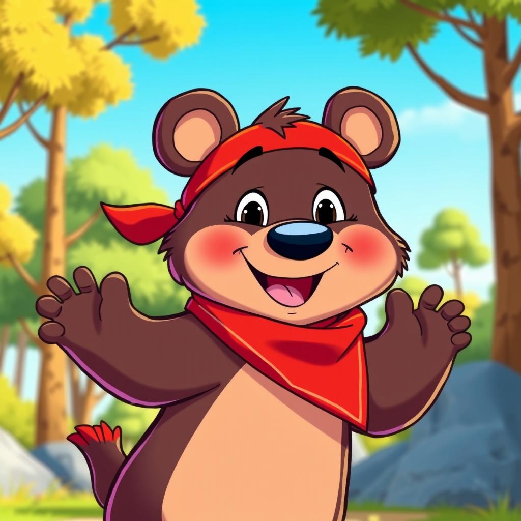 A playful animated bear wearing a red bandana, showcasing bright and vivid colors