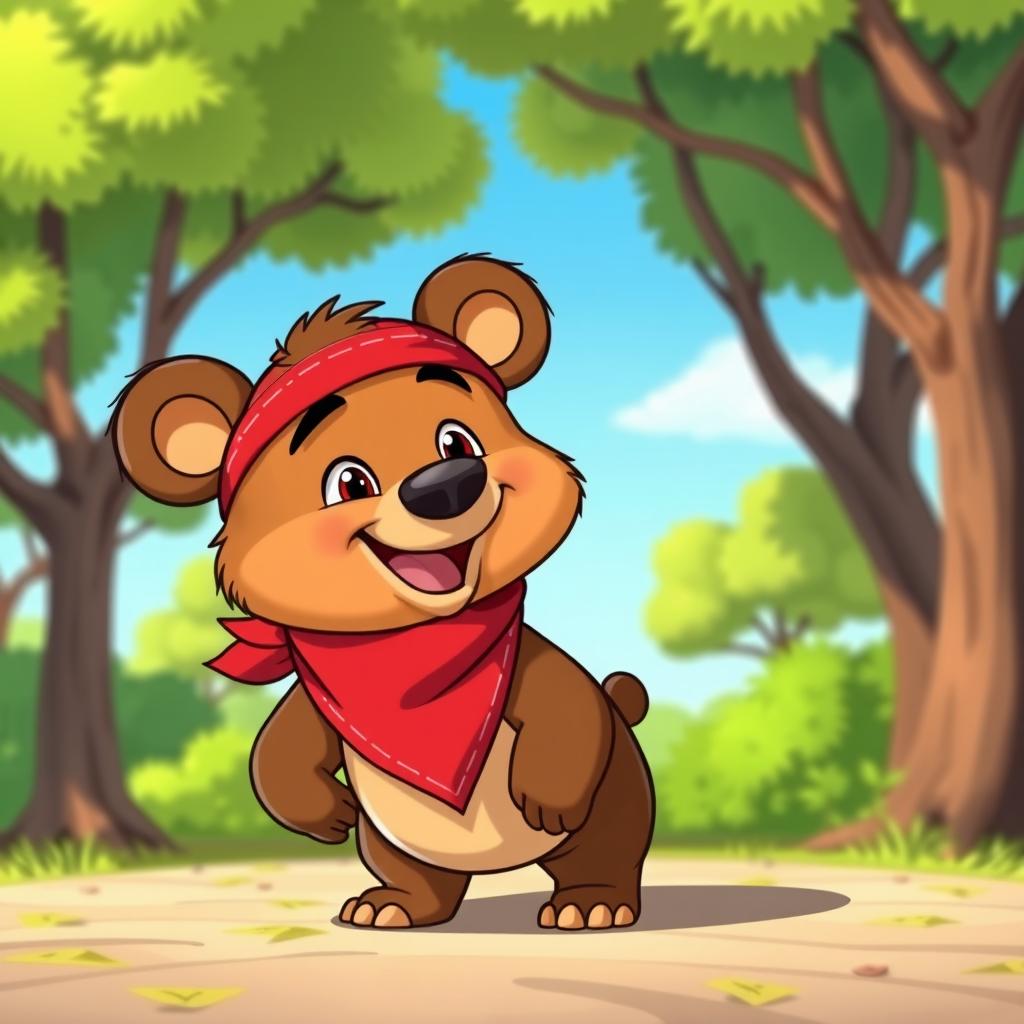 A playful animated bear wearing a red bandana, showcasing bright and vivid colors