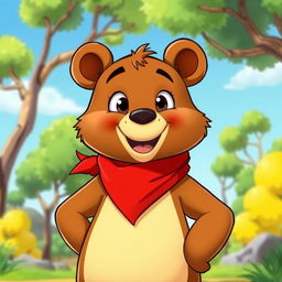 A playful animated bear wearing a red bandana, showcasing bright and vivid colors