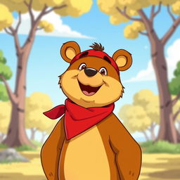 A playful animated bear wearing a red bandana, showcasing bright and vivid colors