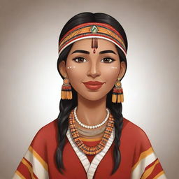 A cartoon version of a beautiful indigenous woman, dressed traditionally and displaying a proud cultural heritage.