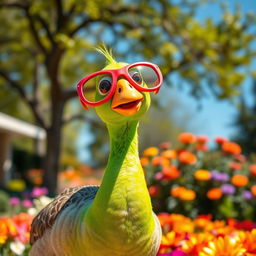 A whimsical, vibrant green goose wearing oversized colorful goggles, playfully standing in a sunny park setting