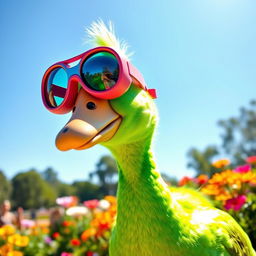 A whimsical, vibrant green goose wearing oversized colorful goggles, playfully standing in a sunny park setting