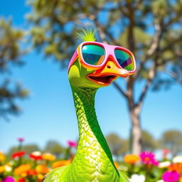 A whimsical, vibrant green goose wearing oversized colorful goggles, playfully standing in a sunny park setting