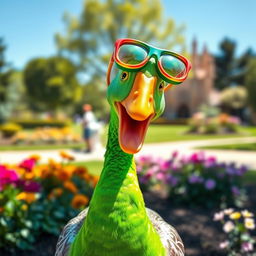 A whimsical, vibrant green goose wearing oversized colorful goggles, playfully standing in a sunny park setting