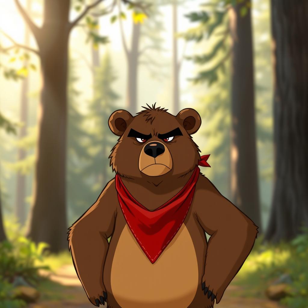 An animated serious brown bear wearing a red bandana around its neck, standing upright in a forest setting