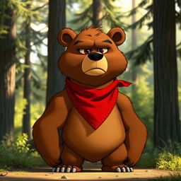 An animated serious brown bear wearing a red bandana around its neck, standing upright in a forest setting