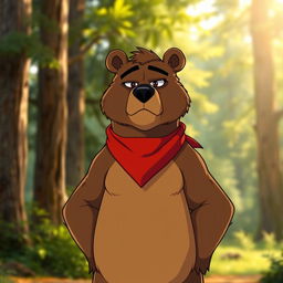 An animated serious brown bear wearing a red bandana around its neck, standing upright in a forest setting