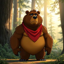 An animated serious brown bear wearing a red bandana around its neck, standing upright in a forest setting