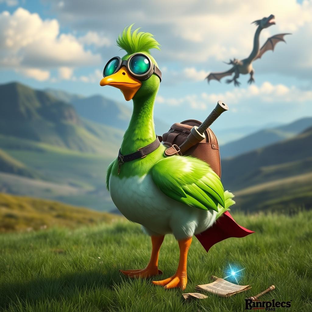 A quirky green goose character designed for Dungeons & Dragons, sporting oversized colorful goggles and a small adventurer's backpack