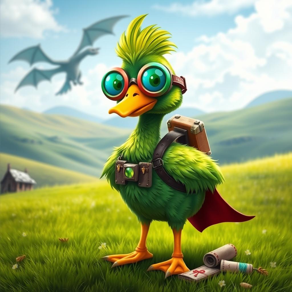 A quirky green goose character designed for Dungeons & Dragons, sporting oversized colorful goggles and a small adventurer's backpack