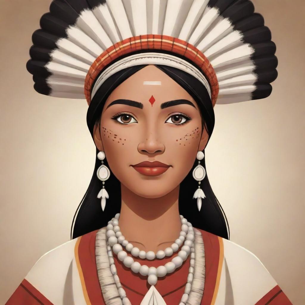 A cartoon version of a beautiful indigenous woman, dressed traditionally and displaying a proud cultural heritage.