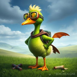 A quirky green goose character designed for Dungeons & Dragons, sporting oversized colorful goggles and a small adventurer's backpack