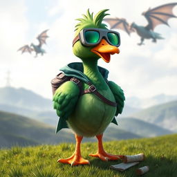 A quirky green goose character designed for Dungeons & Dragons, sporting oversized colorful goggles and a small adventurer's backpack