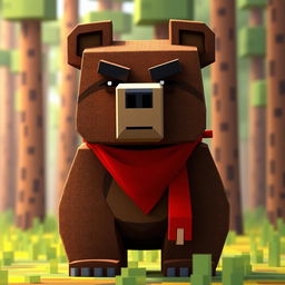 A serious animated brown bear wearing a red bandana, designed in a blocky Minecraft style