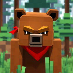 A serious animated brown bear wearing a red bandana, designed in a blocky Minecraft style