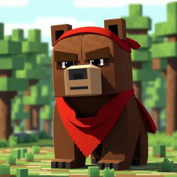 A serious animated brown bear wearing a red bandana, designed in a blocky Minecraft style