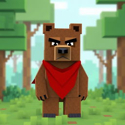 A serious animated brown bear wearing a red bandana, designed in a blocky Minecraft style