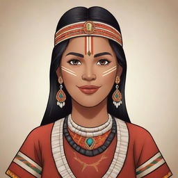 A cartoon version of a beautiful indigenous woman, dressed traditionally and displaying a proud cultural heritage.