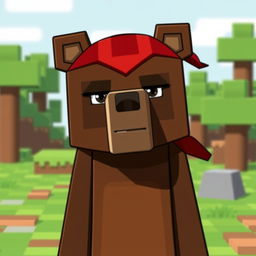 A serious animated brown bear wearing a red tennis bandana, designed in a Minecraft style