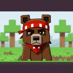 A serious animated brown bear wearing a red tennis bandana, designed in a Minecraft style