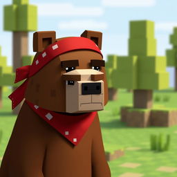 A serious animated brown bear wearing a red tennis bandana, designed in a Minecraft style