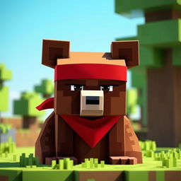 A serious animated brown bear wearing a red tennis bandana, designed in a Minecraft style