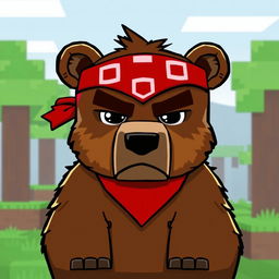 A serious animated brown bear wearing a red tennis bandana, designed in a blocky pixelated style reminiscent of Minecraft