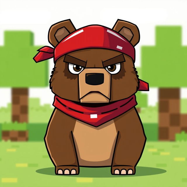 A serious animated brown bear wearing a red tennis bandana, designed in a blocky pixelated style reminiscent of Minecraft