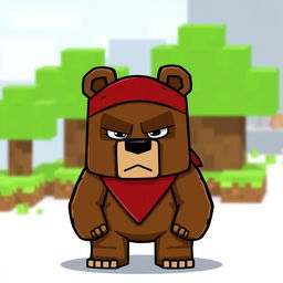 A serious animated brown bear wearing a red tennis bandana, designed in a blocky pixelated style reminiscent of Minecraft