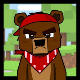 A serious animated brown bear wearing a red tennis bandana, designed in a blocky pixelated style reminiscent of Minecraft