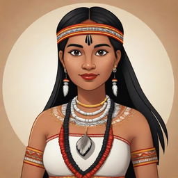 A cartoon version of a beautiful indigenous woman, dressed traditionally and displaying a proud cultural heritage.