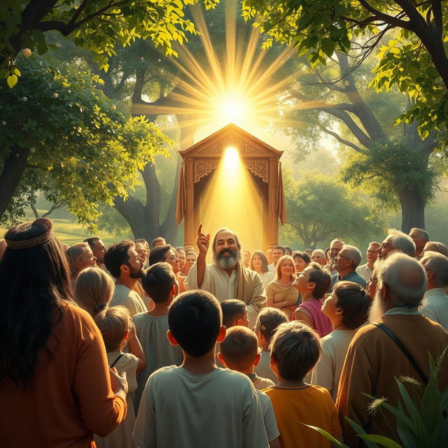 A spiritual gathering scene depicting a joyful moment of unity among the people of Israel, under a celestial presence representing the Ark of the New Covenant