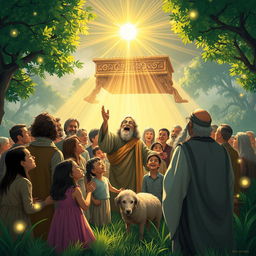 A spiritual gathering scene depicting a joyful moment of unity among the people of Israel, under a celestial presence representing the Ark of the New Covenant