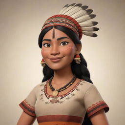 Fully render the cartoon character of a beautiful indigenous woman. She flaunts traditional clothing and a proud cultural background. The image focuses on the full body detail.