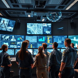 A conceptual representation of artificial intelligence applications in law enforcement, featuring a high-tech control room with multiple screens displaying analytics, data visualizations, and surveillance footage