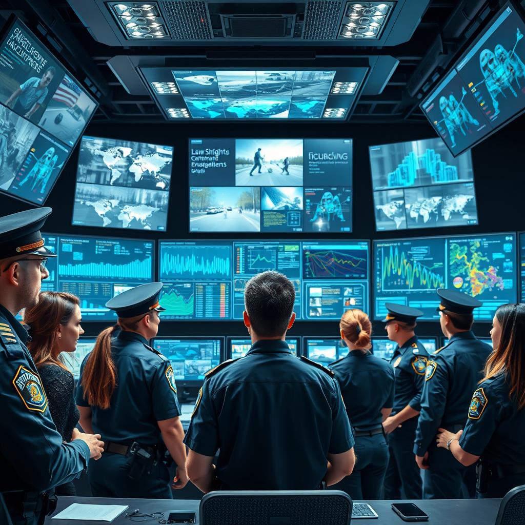 A conceptual representation of artificial intelligence applications in law enforcement, featuring a high-tech control room with multiple screens displaying analytics, data visualizations, and surveillance footage