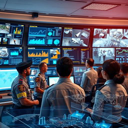 A conceptual representation of artificial intelligence applications in law enforcement, featuring a high-tech control room with multiple screens displaying analytics, data visualizations, and surveillance footage