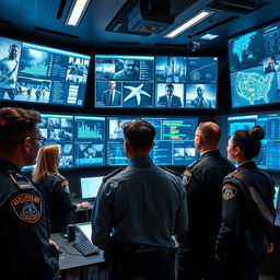 A conceptual representation of artificial intelligence applications in law enforcement, featuring a high-tech control room with multiple screens displaying analytics, data visualizations, and surveillance footage