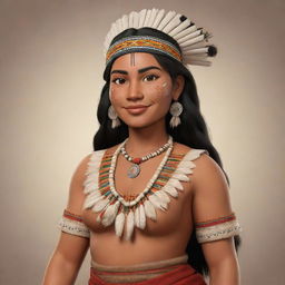 Fully render the cartoon character of a beautiful indigenous woman. She flaunts traditional clothing and a proud cultural background. The image focuses on the full body detail.