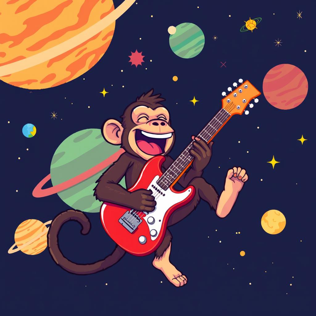 A pixelated monkey joyously playing an electric guitar while floating in the vastness of space