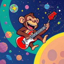 A pixelated monkey joyously playing an electric guitar while floating in the vastness of space